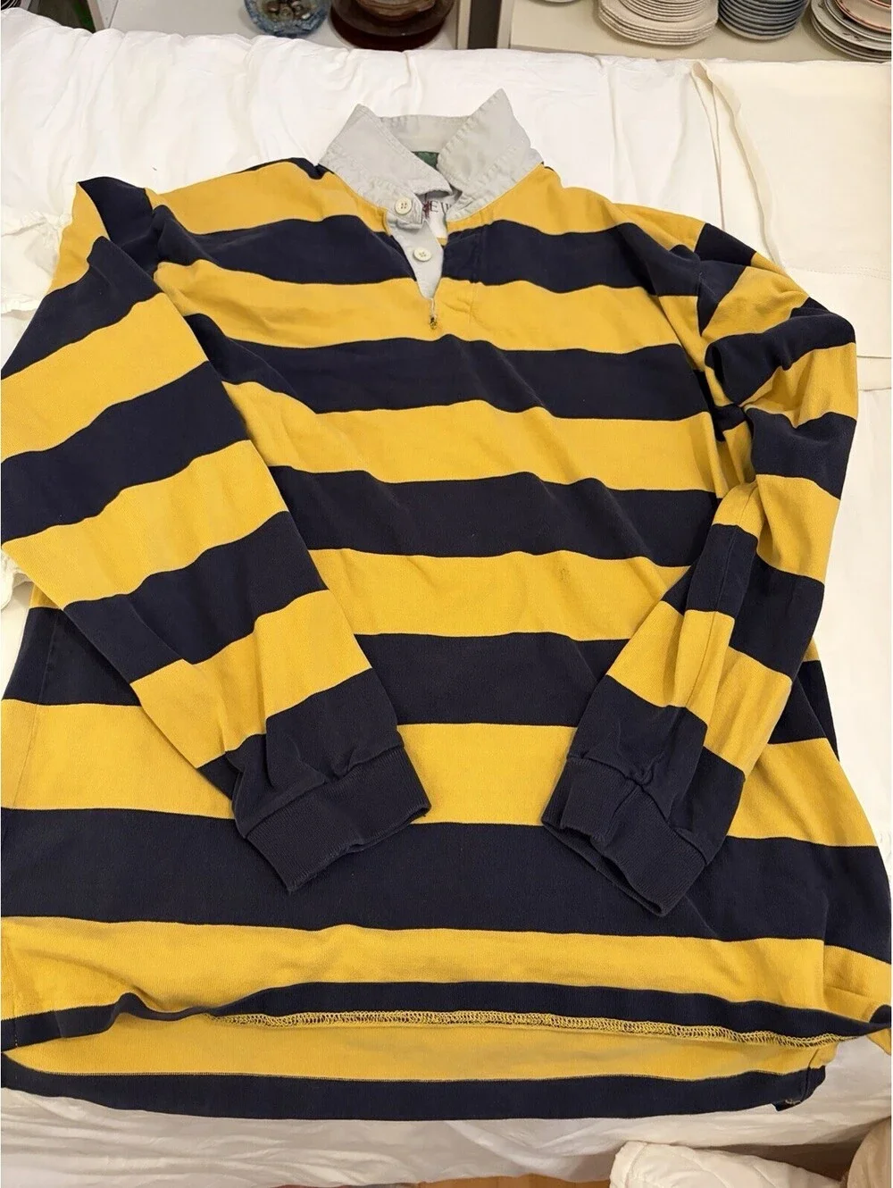 Vintage 90s J Crew Rugby Shirt Men's XLT Blue Yellow Striped Faded Well Worn